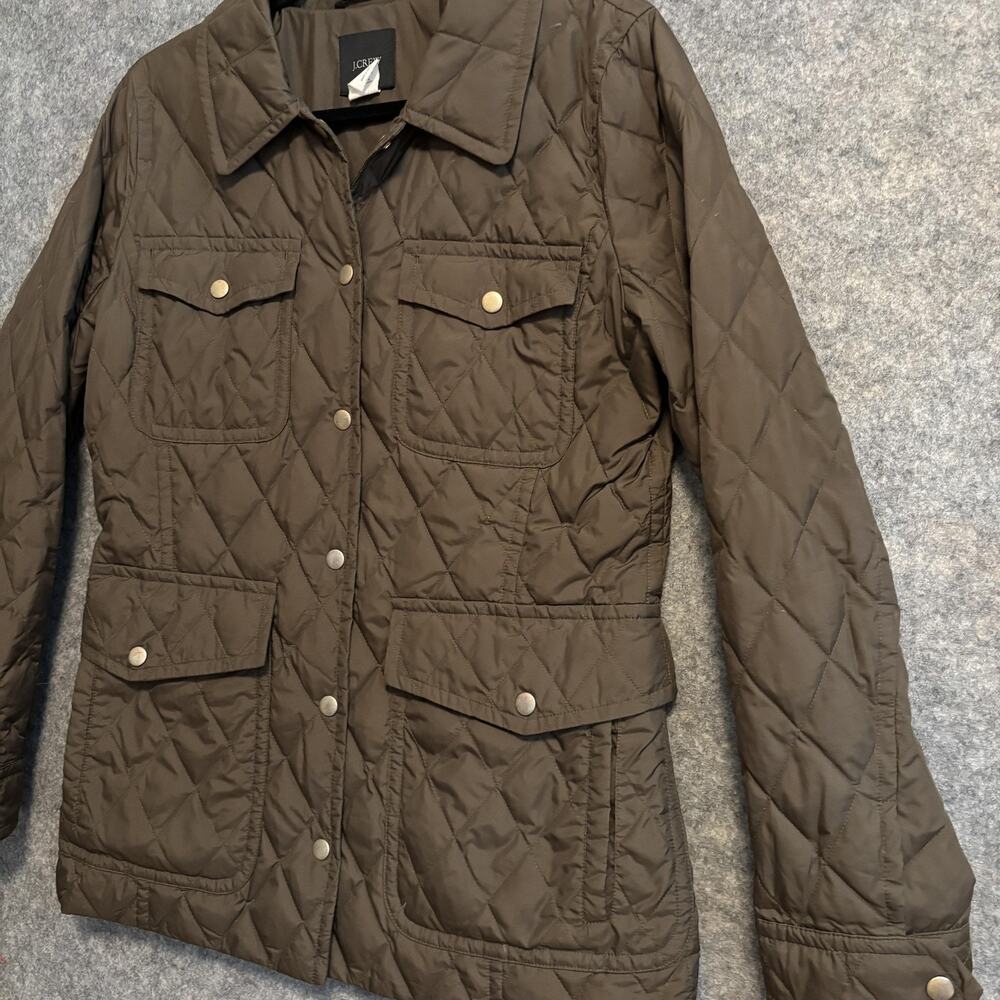 J Crew Jacket Womens Size Medium Green Quilted Down Snap Pockets Mid Length Coat - Picture 4 of 14